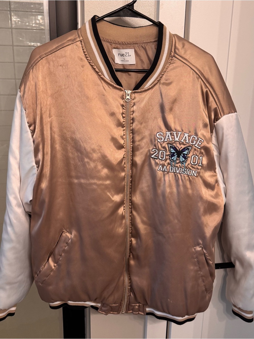 rue21 Satin Bomber Jacket - Rose Gold/White